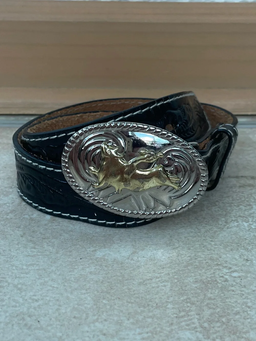 Nocona Belt Co. Youth Womens Tooled Leather Bull Rider Belt Black; 31” w/buckle